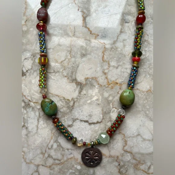 Artisan created beaded necklace with Thai silver pendant. 16”. - Picture 3 of 7